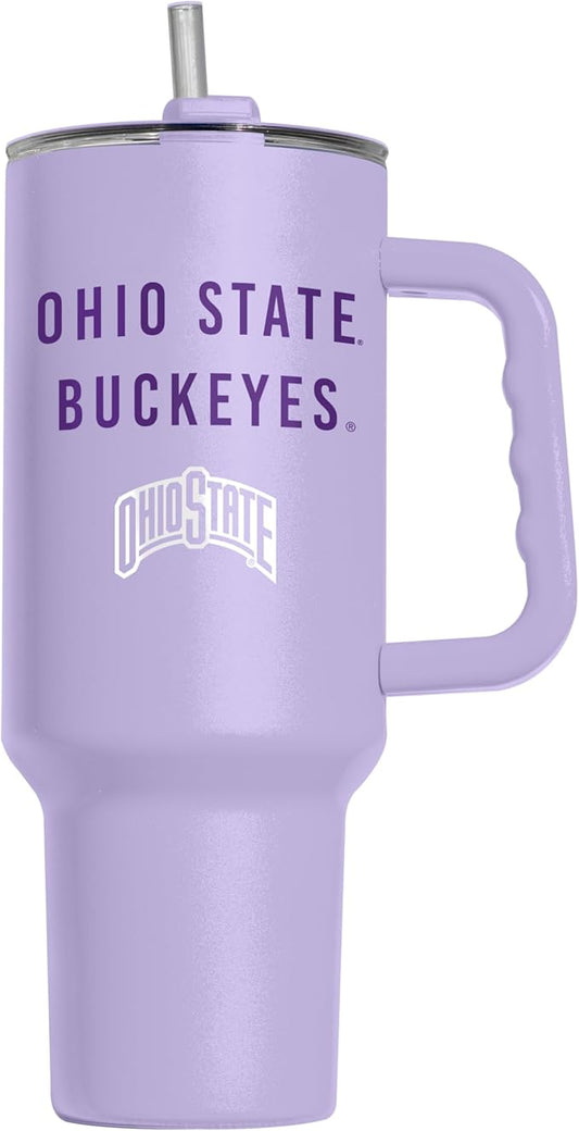 Logo Brands NCAA Ohio State Buckeyes Lavender 40 oz Tumbler with Handle - Stylish Everyday Use Powder Coated-Stainless Steel with Straw- Keeps Cold For Hours