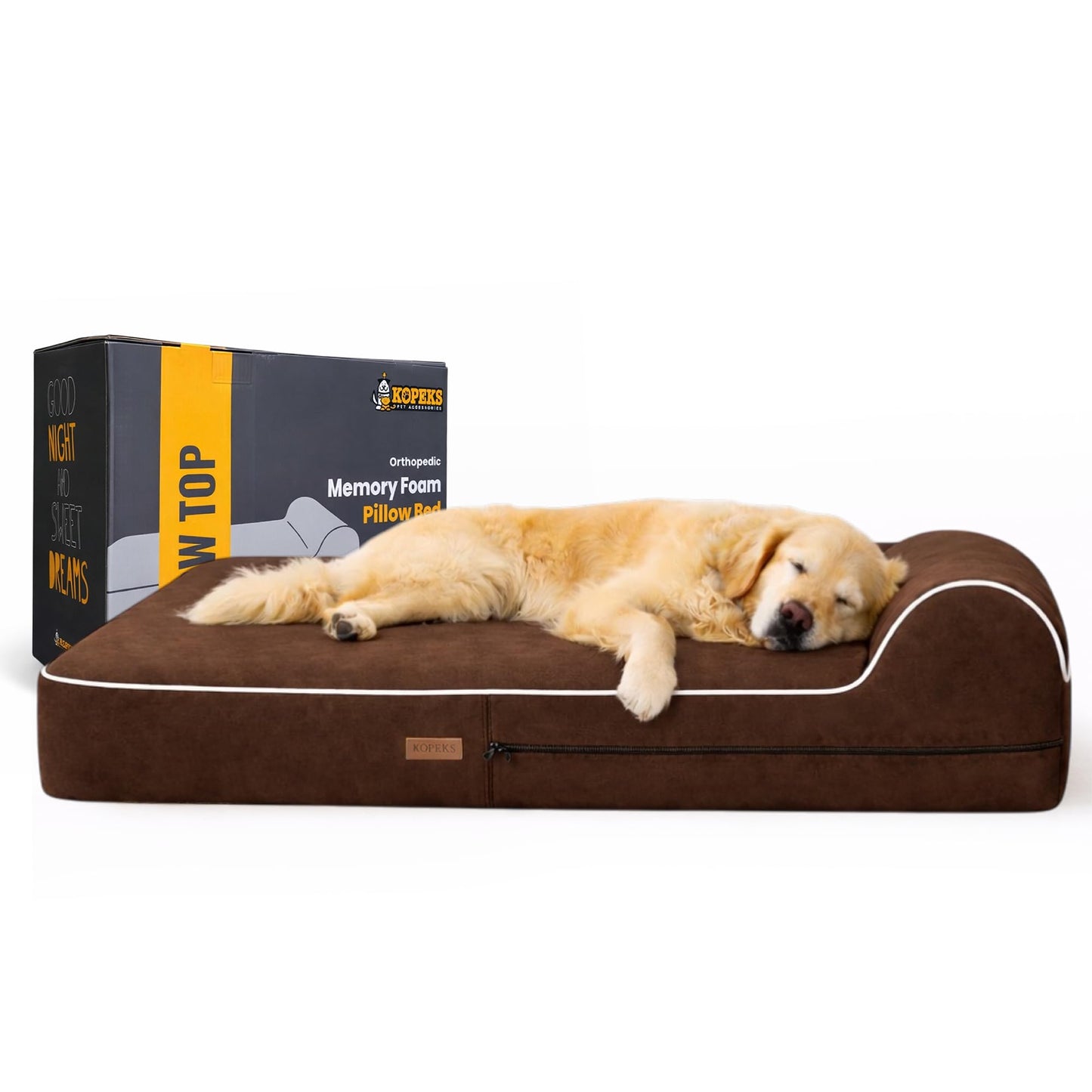 KOPEKS Orthopedic Memory Foam Dog Bed 7" Inch Thick Extra Large Dog Bed With Pillow Brown 50"x34"x10" Includes Waterproof Liner & Durable Removable Cover With Smart Design