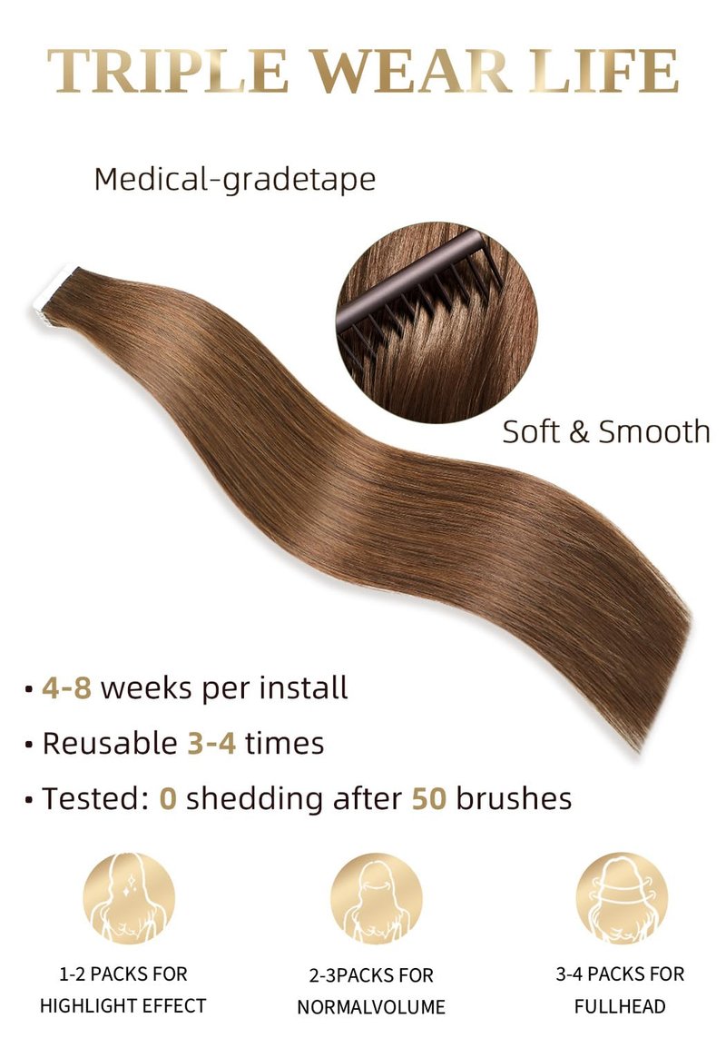 Real Human Hair Tape-In Extensions - 14 Inch, 20 Pcs, Seamless, #4 Medium Brown | Invisible & Straight