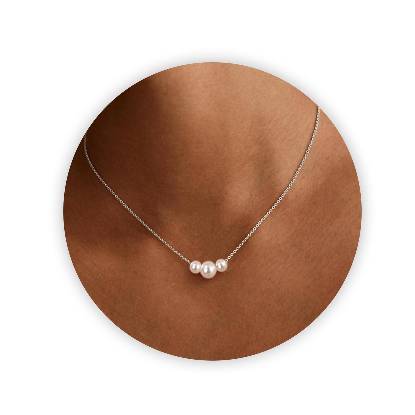 Trinckle Silver Pearl Necklace, Dainty Strands Pearl Pendant Necklace for Women, Silver Prom Jewelry Pearls Charm Necklace, Cute Necklaces for Teen Girls White Choker Necklace