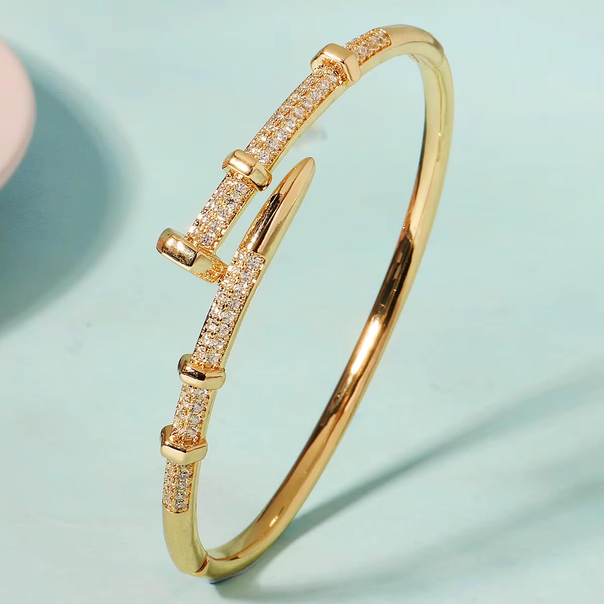 Nail Bangle Bracelet for Women 18K Gold Plated Cubic Zirconia Stones Titanium Steel Bracelet Jewelry Valentines Christmas Gifts (Gold)