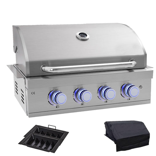 28In Outdoor Built in Grills, Large Charcoal & 4 Burner Propane Gas Dual Combo Grills 48,400 BTU, with Rear Burner & Rain Cover Stainless Steel BBQ Grill for Outdoor Kitchen Island Family Cooking