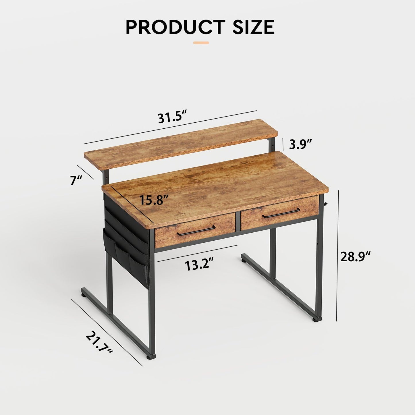 Maihail Small Desk with Drawers, 31.5X15.8-22.9 Inches Office Computer Desk with Side Pocket & Ergonomic Monitor Stand, Writing Table for Small Spaces, Bedroom, Kids Desk, Vanity Desk, Rustic Brown