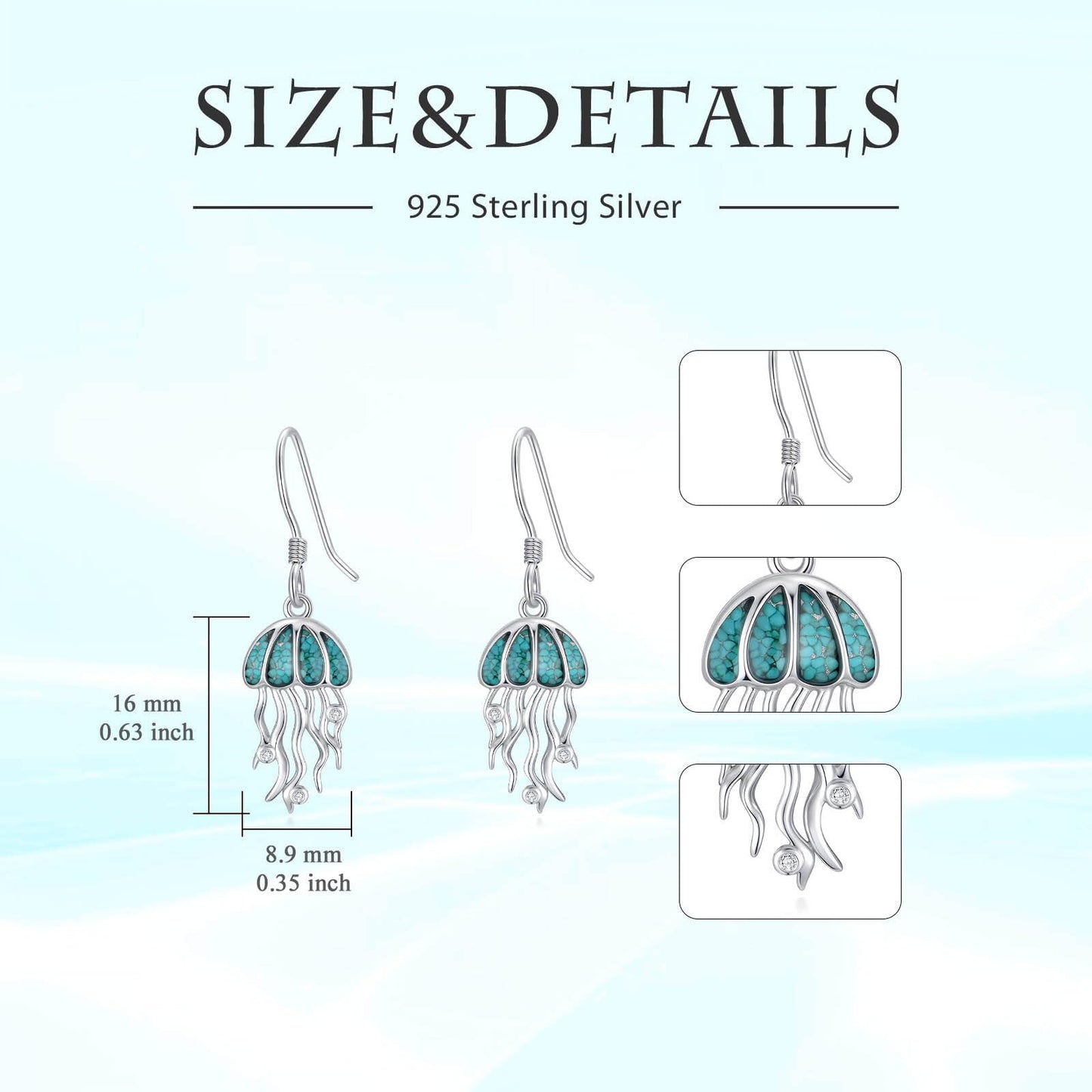HPQQ Jellyfish Earrings 925 Sterling Silver Turquoise Jellyfish Dangle Earrings Ocean Beach Themed Jewelry Mother's Day Jewelry Gifts for Women