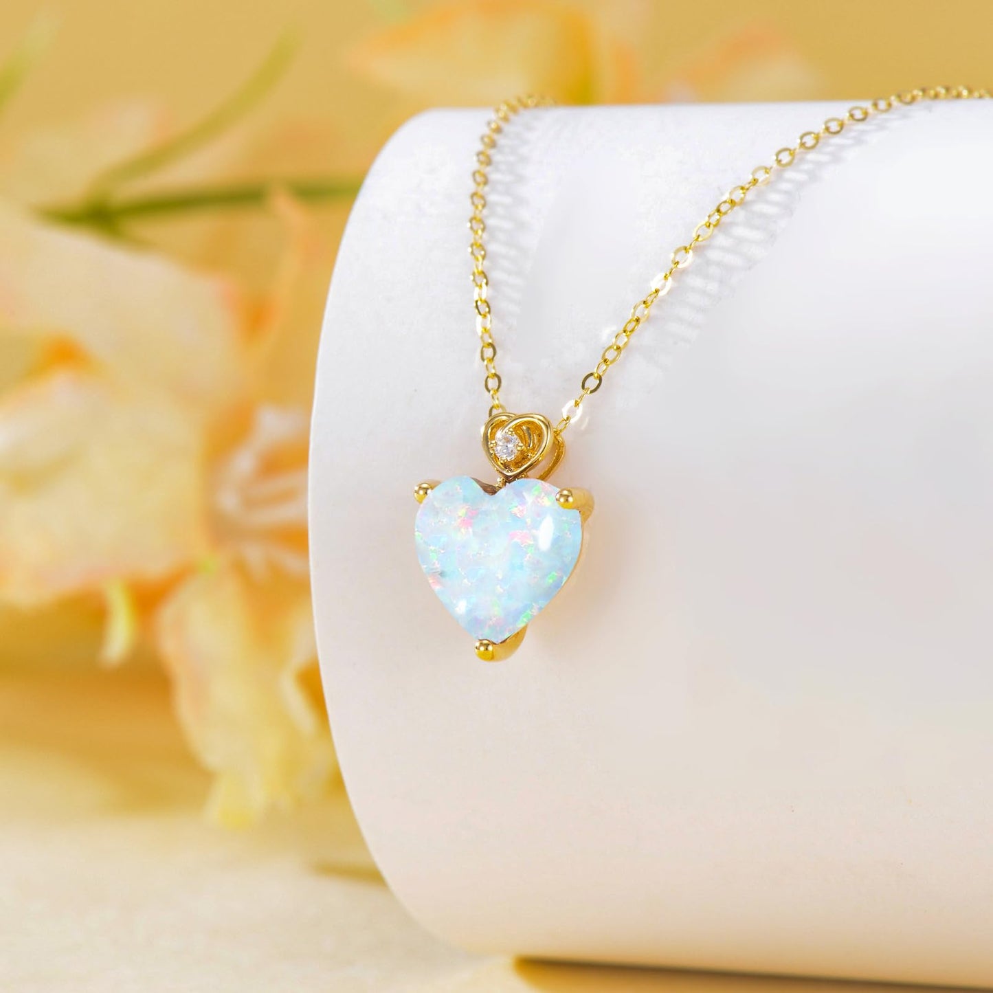 NFYBD 14k Gold Love Heart White Opal Birthstone Pendant Necklace for Women 3 Carat Heart-cut Created Gemstone Anniversary Birthday Mother's Day Necklaces for Her 16+1+1 inch-Opal