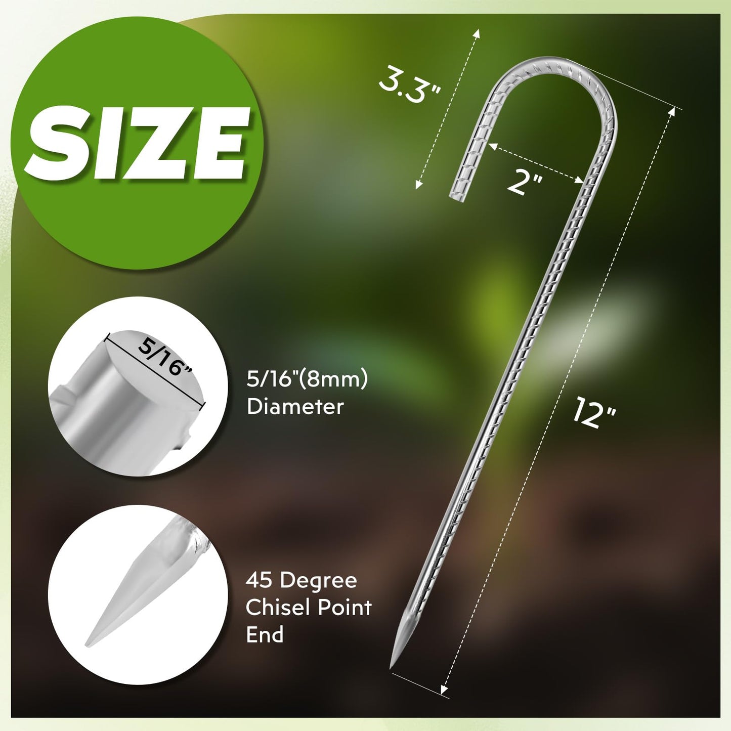 Homwin 12 inches Tent Stakes Heavy Duty 34-Pack, 5/16" Diameter J Hook Fence Stakes Rebar Ground Stake for Inflatables, Tarp, Yard Lawn Outdoor Decoration