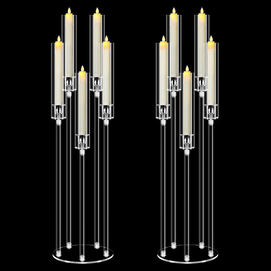 2 Set 5 Arm Acrylic Candle Holder, Mjkeomo 34.6'' Tall Candelabra Centerpieces for Tables Clear Candlesticks Holder with Lampshade for Housewarming Gift Fireplace Dinner Decor Fit 0.87'' LED Candle
