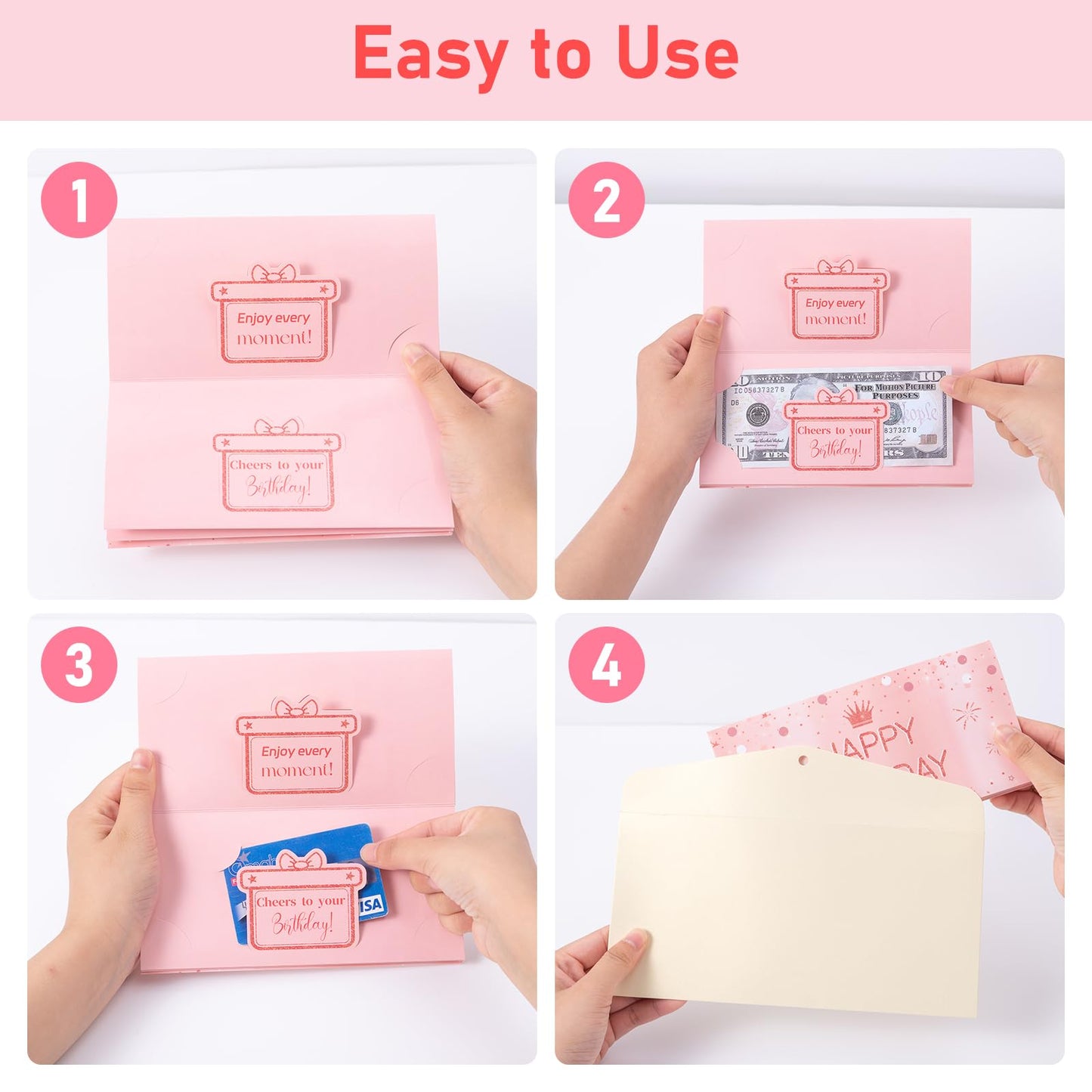HOMANGA Birthday Money Envelope for Cash Gifts, Birthday Money Holder with 3D Cake, Birthdays Cash Gift for Men Women Girls Boys (Pink)