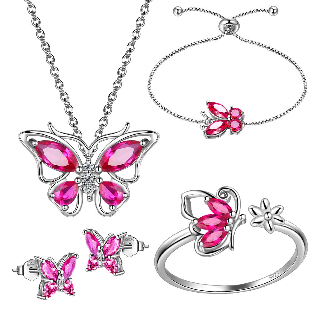 Hipunk Butterfly Red Jewelry Sets Birthstone Women 925 Sterling Silver July-Ruby Birth Stone Animal Butterflies Jewelry Sets/Earring/Ring/Bracelet Set Crystal Birthday Jewelry SS0003R