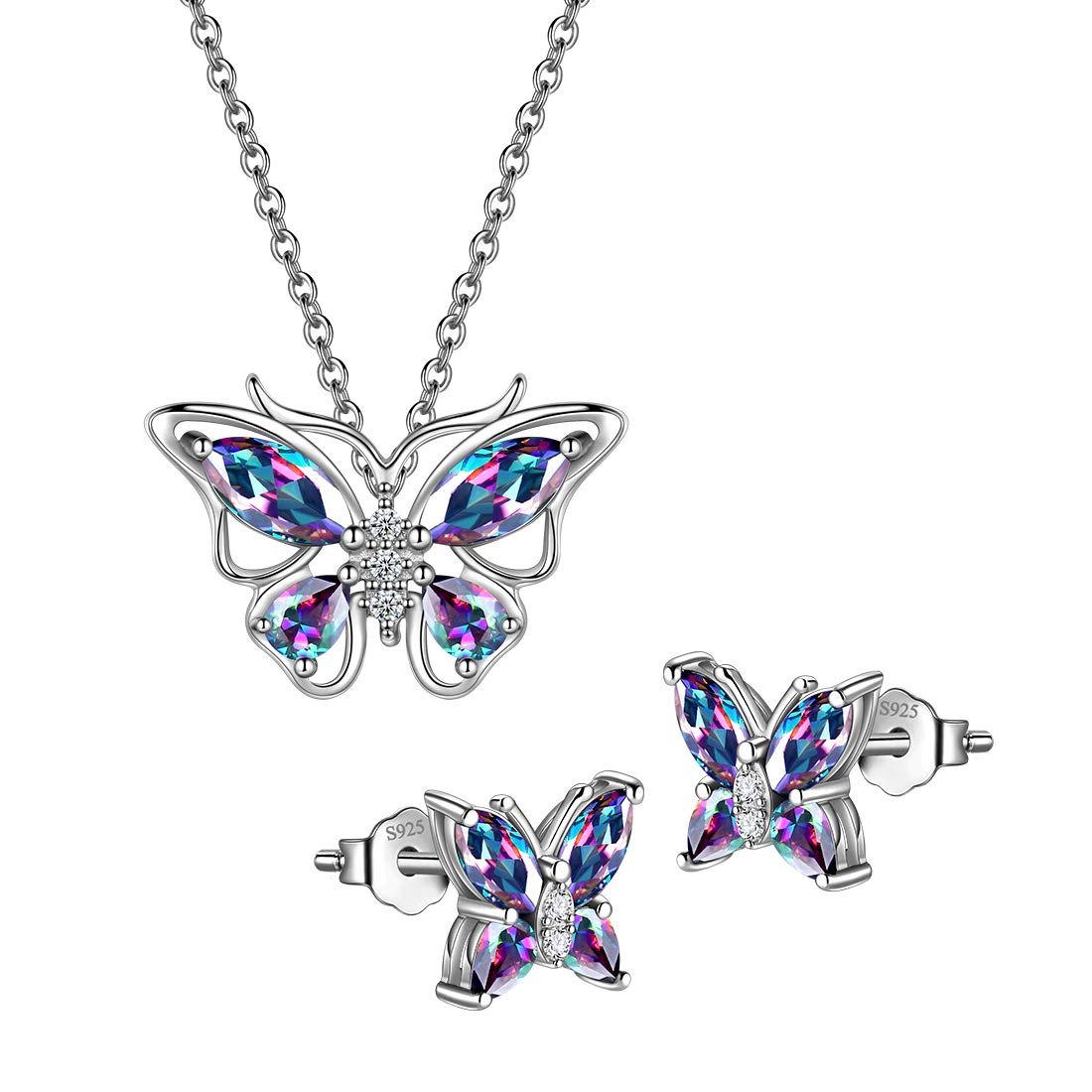Hipunk Butterfly Mystic-Rainbow-Topaz Jewelry Sets Birthstone Women 925 Sterling Silver Fire-Topaz Birth Stone Animal Butterflies Jewelry Sets/Earring Set Crystal Birthday Jewelry SS0001C