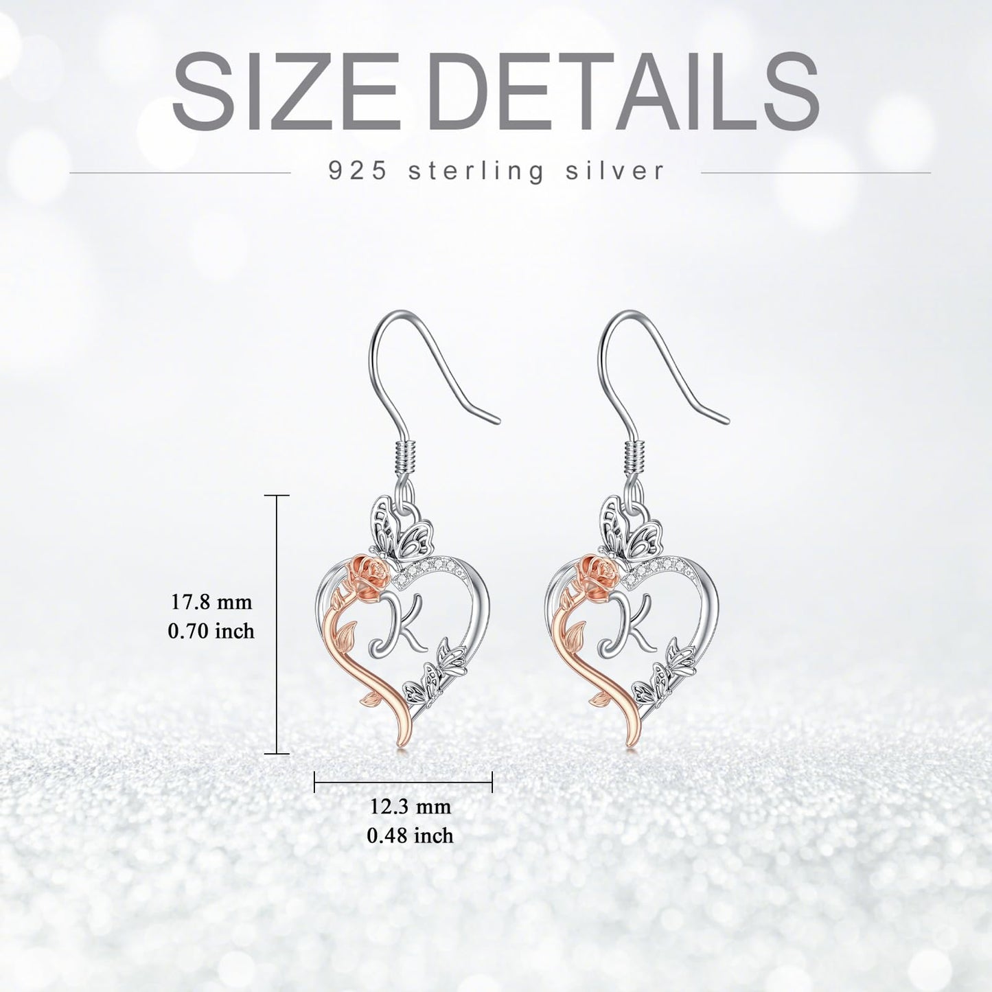TOUPOP Rose Heart Initial Earrings Sterling Silver Butterfly Earring Initial K Letter Drop Dangle Earrings Jewelry Anniversary Birthday Mothers Day Gifts for Women Mom Wife Girlfriend Her