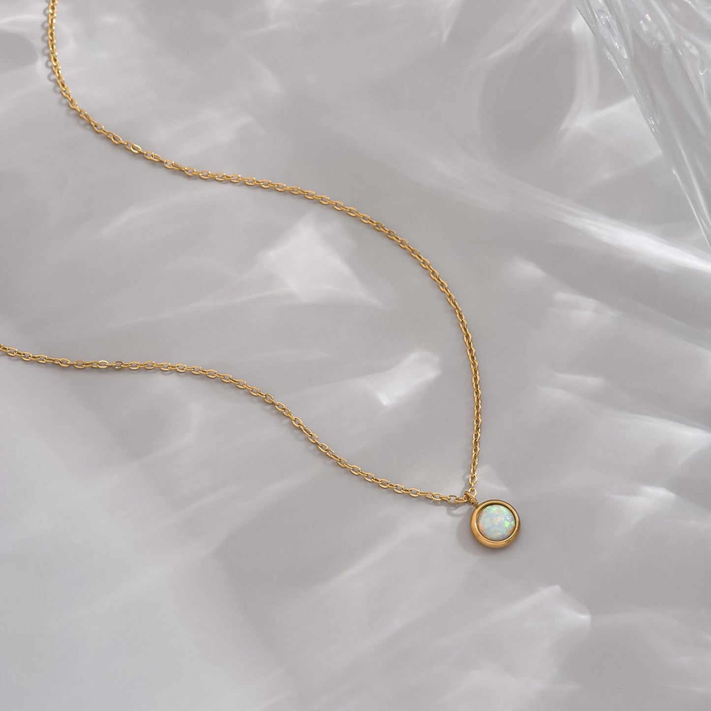 NONAMOIS 18K Gold Plated White Opal Pendant Necklace for Women Stainless Steel Dainty Gold Created Opal Choker Necklace Trendy Non Tarnish Jewelry