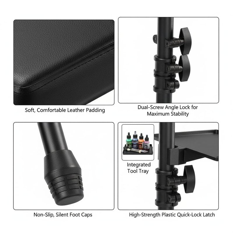 NATUMER Tattoo Armrest Stand Tripod With Tray, Tattoo Arm Leg Rest Stand Height Adjustable and Tilt Black Leather Pad for Tattoo Studio (Black- Upgraded)