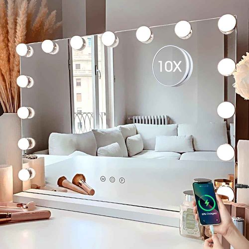 Kottova Vanity Mirror with Lights, 23×18" Makeup Mirror, Hollywood Mirror with 15 LED,3 Color Modes & Detachable 10X Zoom Mirror,Slim Metal Frame Design,Smart Touch Control,Plug in