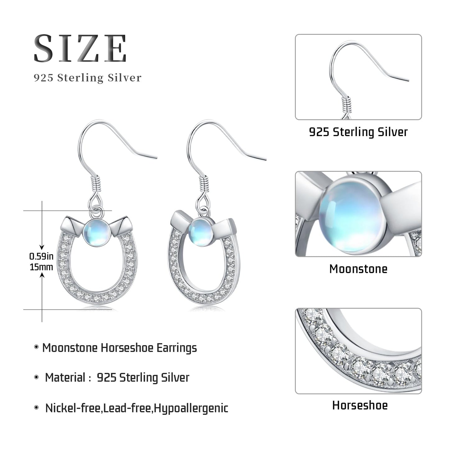 KoyeKei Horseshoe Earrings for Women 925 Sterling Silver Horse Shoe Dangle Drop Earrings Moonstone Jewelry Western Country Gifts for Horse Lovers