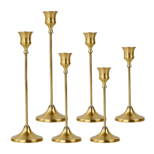 2 Sets(6 Pcs) Candle Stick Holders，Brass Gold Metal Taper Candle Holders, Vintage Modern Decorative Centerpiece Candlestick Holders for Table Mantel Wedding Housewarming Gift