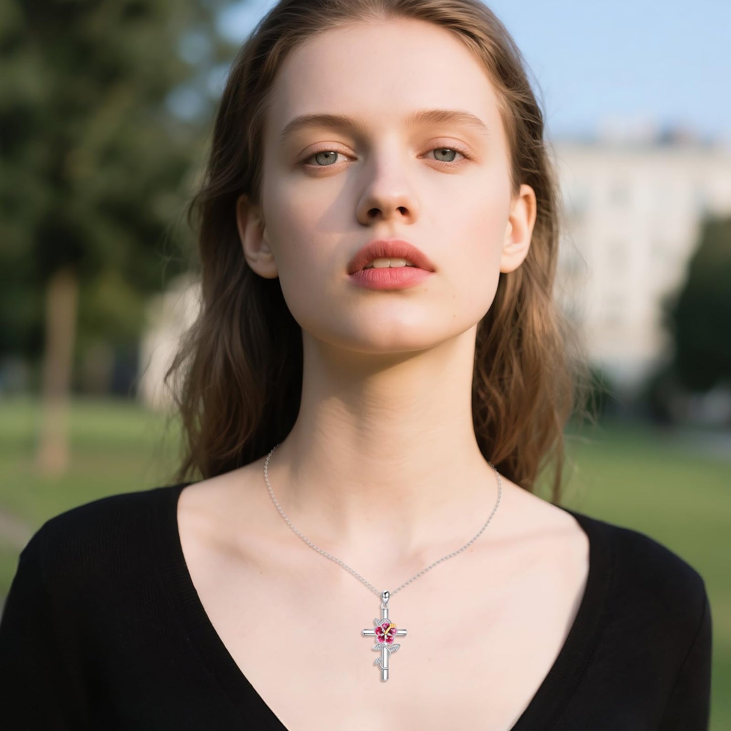Hibiscus Necklace 925 Sterling Silver Hibiscus Cross Pendant Necklace Hawaiian Flower Jewelry for Women