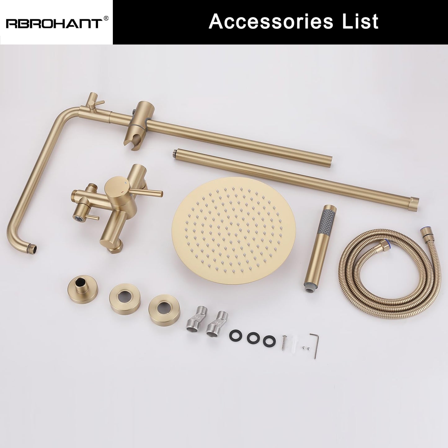 RBROHANT Outdoor Shower, Wall Mount Outdoor Shower Kit, Outside Shower Faucet with Height Adjustable Rain Shower Head and Handheld, Exposed Shower for Backyard, Wall Mounted, Brushed Gold, JK0147