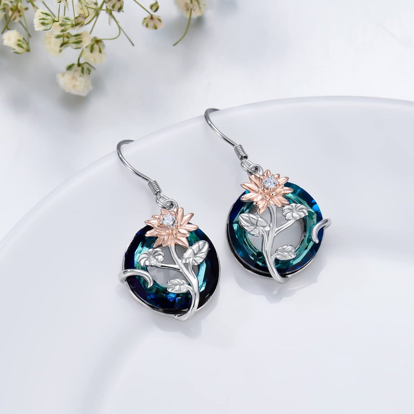 TOUPOP July Birth Flower Earrings Lotus Drop Dangle Earrings Blue Crystal Jewelry Birthday Mothers Day Gifts for Women Mom Her