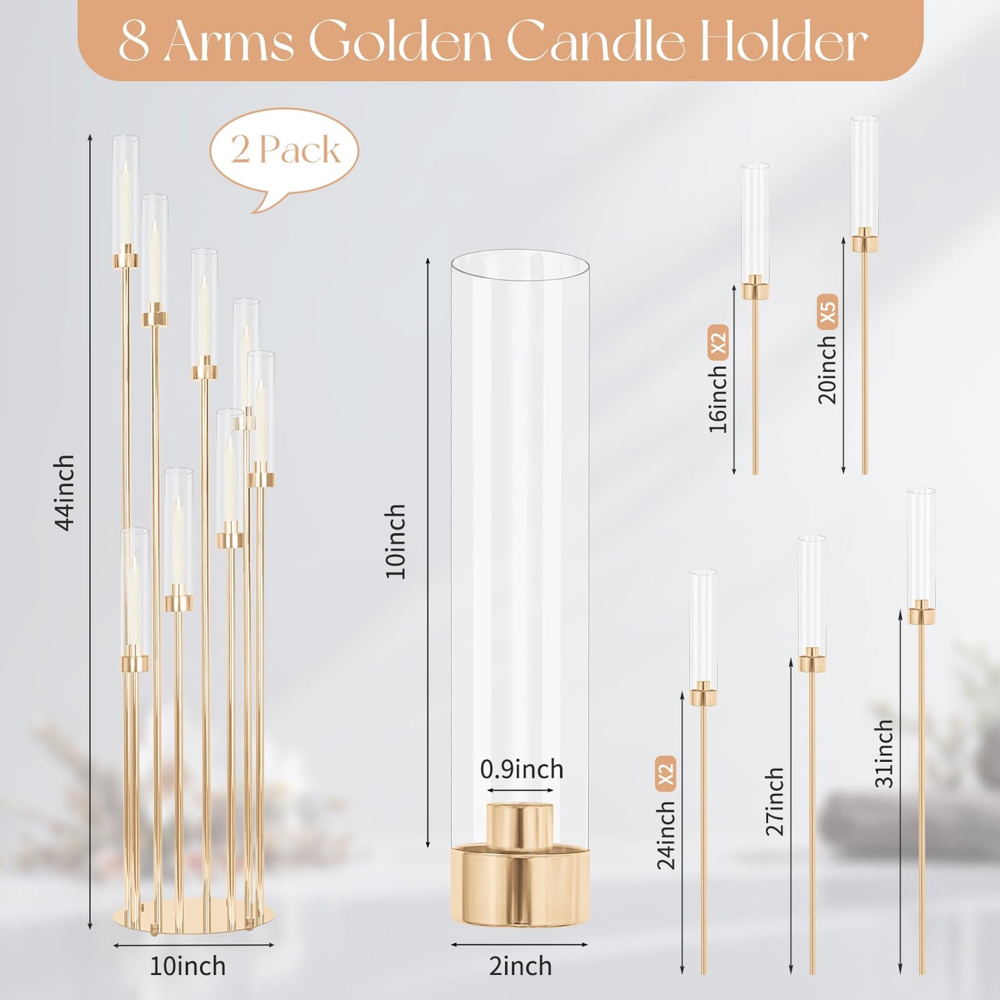 2 Sets Gold Candelabra,12 Arm Candlestick Holders with Acrylic Shades, 46'' High Large Floor Candle Holders for Wedding Centerpieces Table Decorations Fit 0.9" Candles and LED Taper Candles"