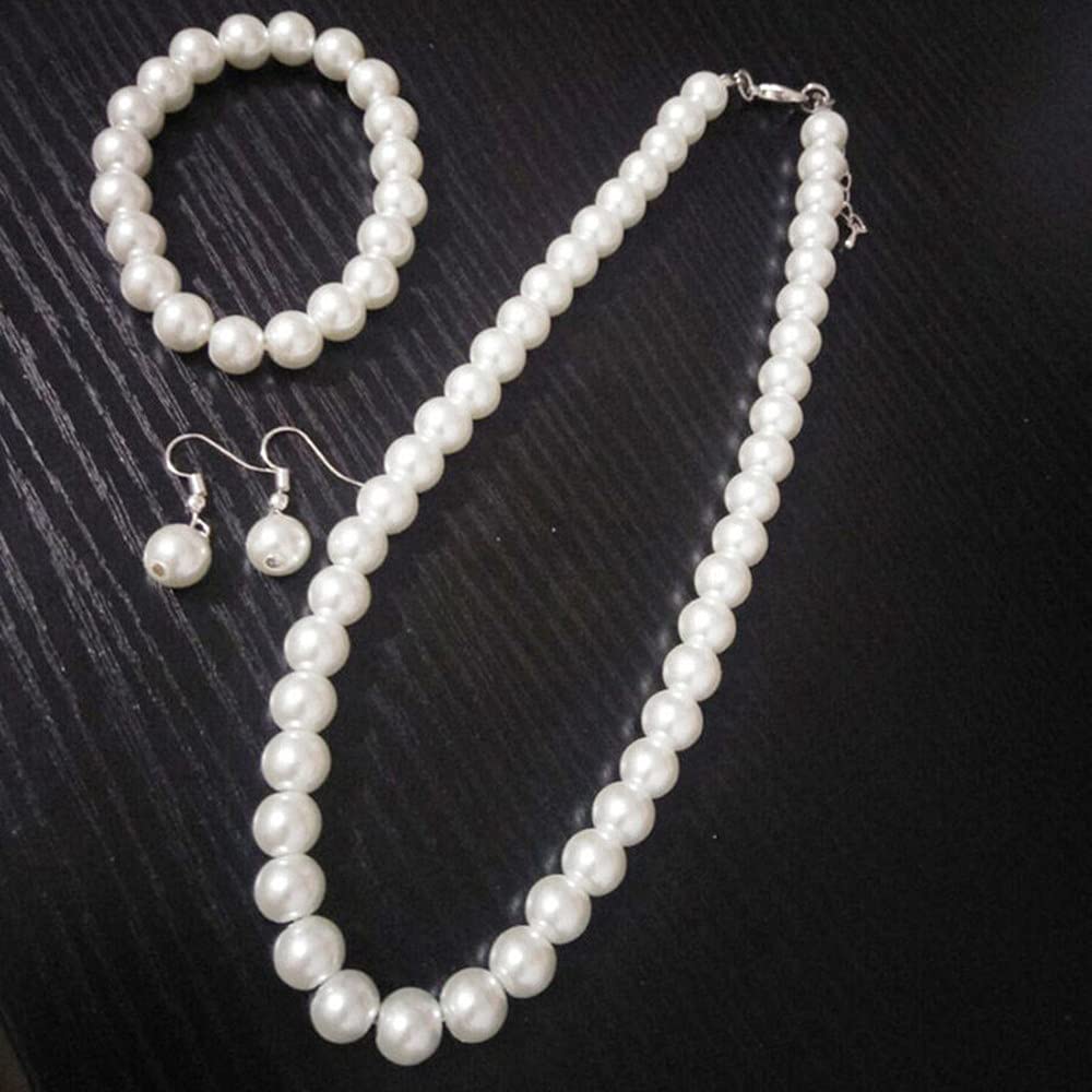 tenghong2021 Fashion Classic Faux Pearl Jewelry Set Necklace Bracelet Earrings for Women Best Gift (White)