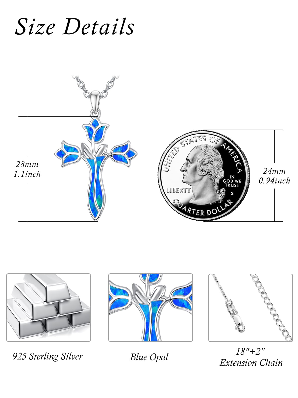 Dreamboat Opal Cross Necklace for Women Sterling Silver Cross Pendant Christian Necklace Tulip Rose Blue Opal Faith Confirmation Gifts Religious Jewelry for Mom