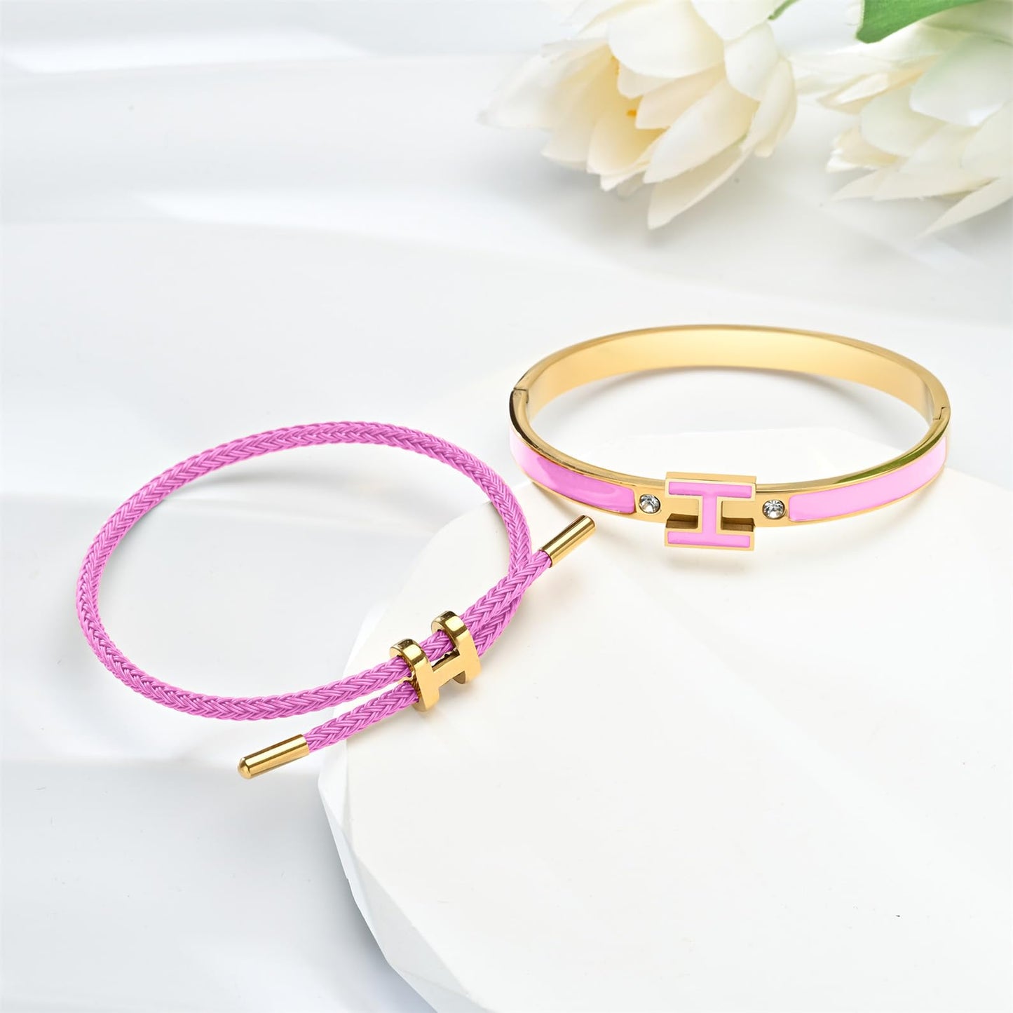 Hothink H Bracelets for Women,H Bangle and H Wire Rope Bracelet Set,Dainty Gold Bracelets Set for Christmas Mothers Day Gifts for Women (Gold-Pink)