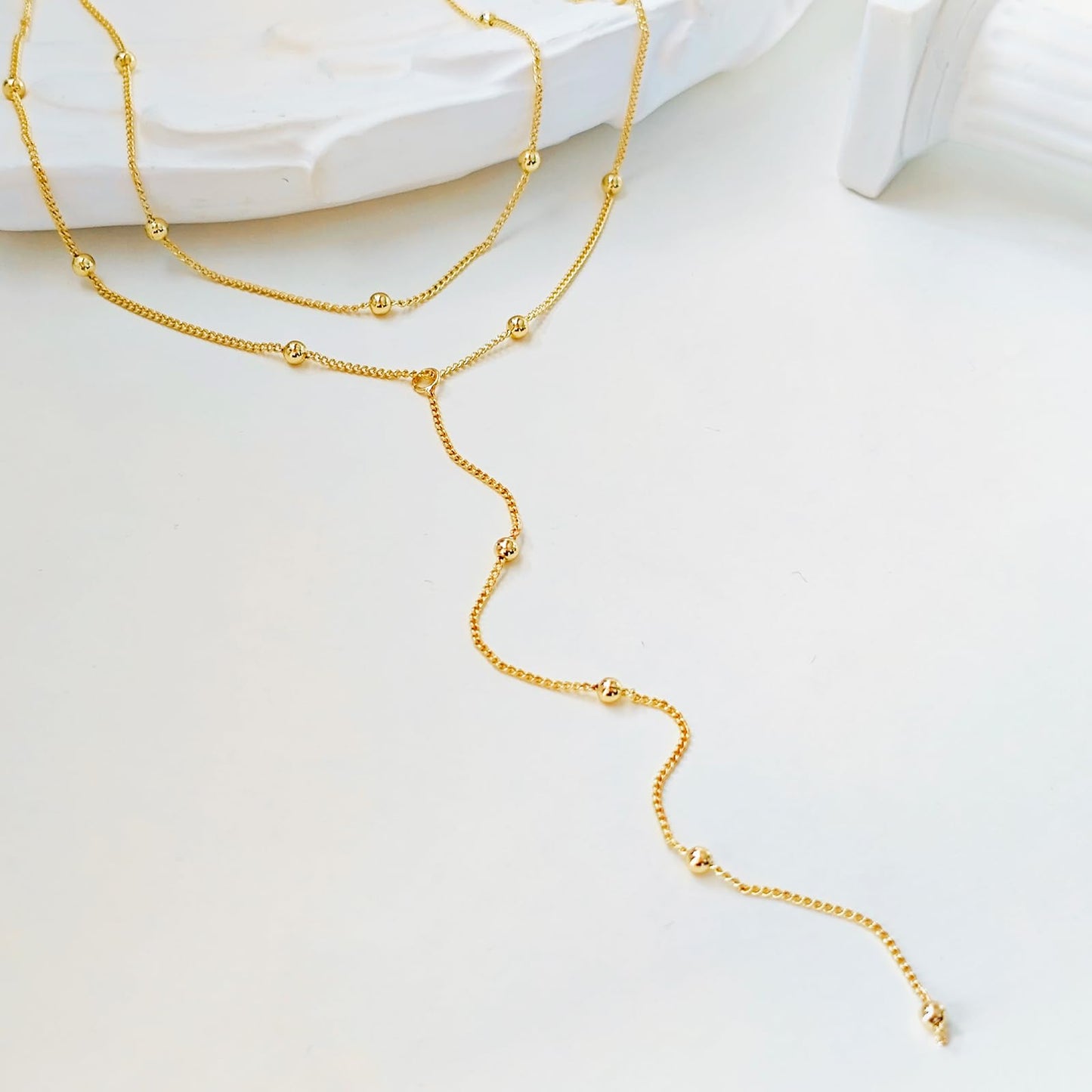 Luxval Gold Necklace for Women Trendy 14k Gold Plated Long Necklaces for Women Lariat Y Necklace Dainty Layered Necklaces Beaded Drop Y-Shaped Chain Jewelry Gift Wedding