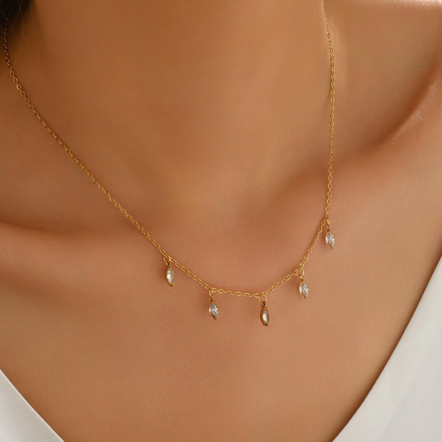 Jewigo Cubic Zirconia Necklaces for Women 18K Gold Plated Tear drop Necklace Dainty Layered CZ Lariat Diamond Necklace