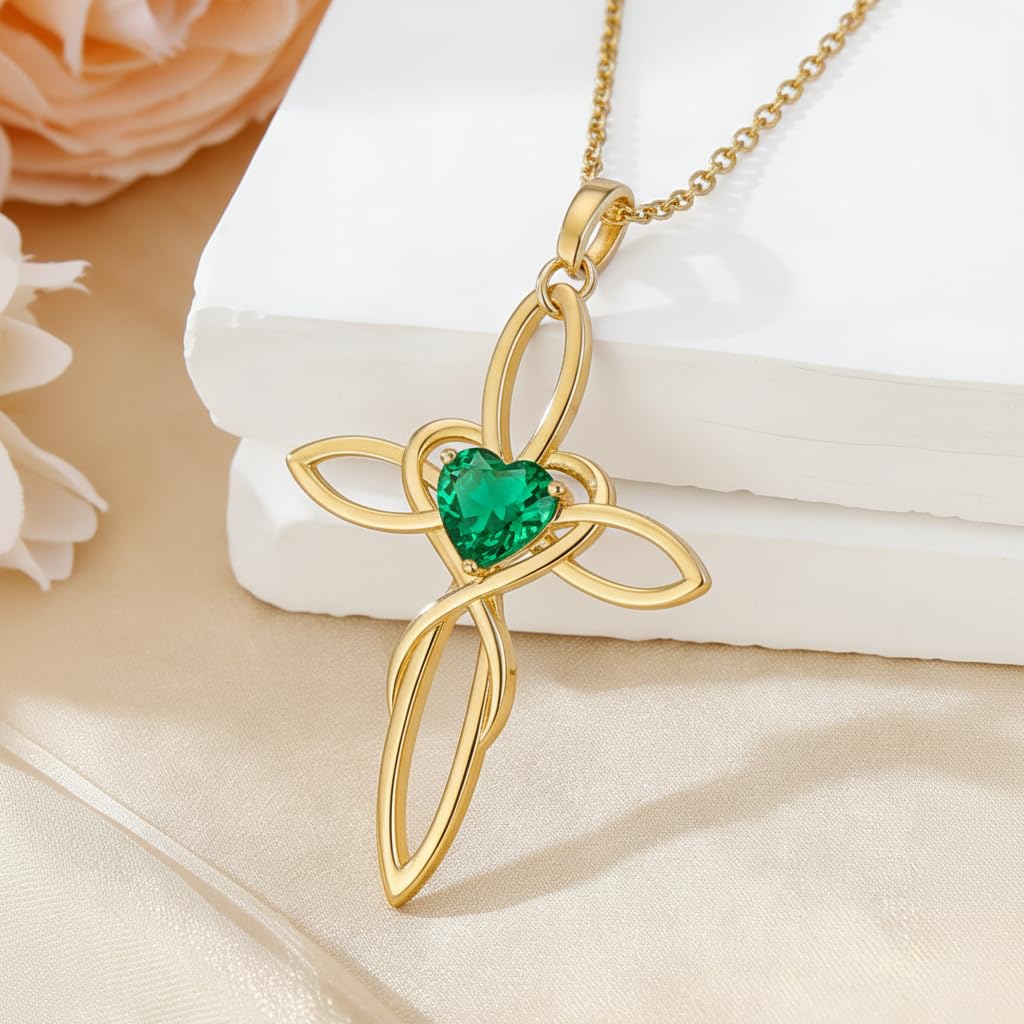 POIUY 14K Gold Celtic Knot Cross Birthstone Necklace for Women Irish Infinity Heart Pendant Cross Jewelry Anniversary Valentines Birthday Mothers Day Gifts for Mom Wife Her