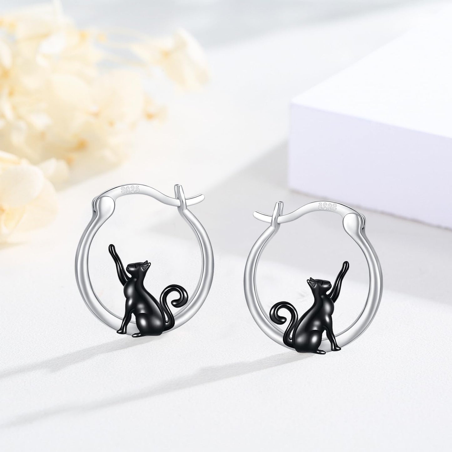 Black Cat Earrings for Women Girls 925 Sterling Silver Hypoallergenic Cute Hoop Earrings for Sensitive Ears Jewelry Graduation Gifts for Cat Lovers