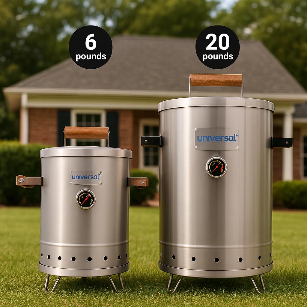 Universal (6-pound) Stainless Steel (Small) Charcoal Barrel Smoker with Thermometer & Airlock system - 16.5"x 21.18" x ⌀11.81", 2 in 1 Vertical Smoker - Grill and Smoker, 6-serving Slow Cooking Smoker