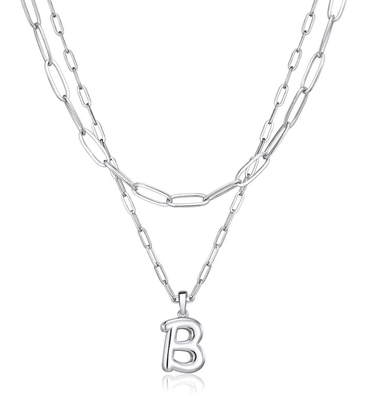 adoyi Silver Initial Necklace for Women 14k Gold Plated Layered Bubble Letter Necklaces Trendy Jewelry Chain Name B Pendant Necklace Stack Birthday Valentines Gifts