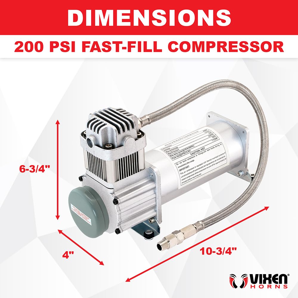Vixen Horns Heavy Duty Onboard Air Compressor 200 PSI. Universal Replacement for Truck/Car Train Horn/Suspension/Ride/Bag kit/System. Fits All 12v Vehicles like Semi/Pickup VXC8301
