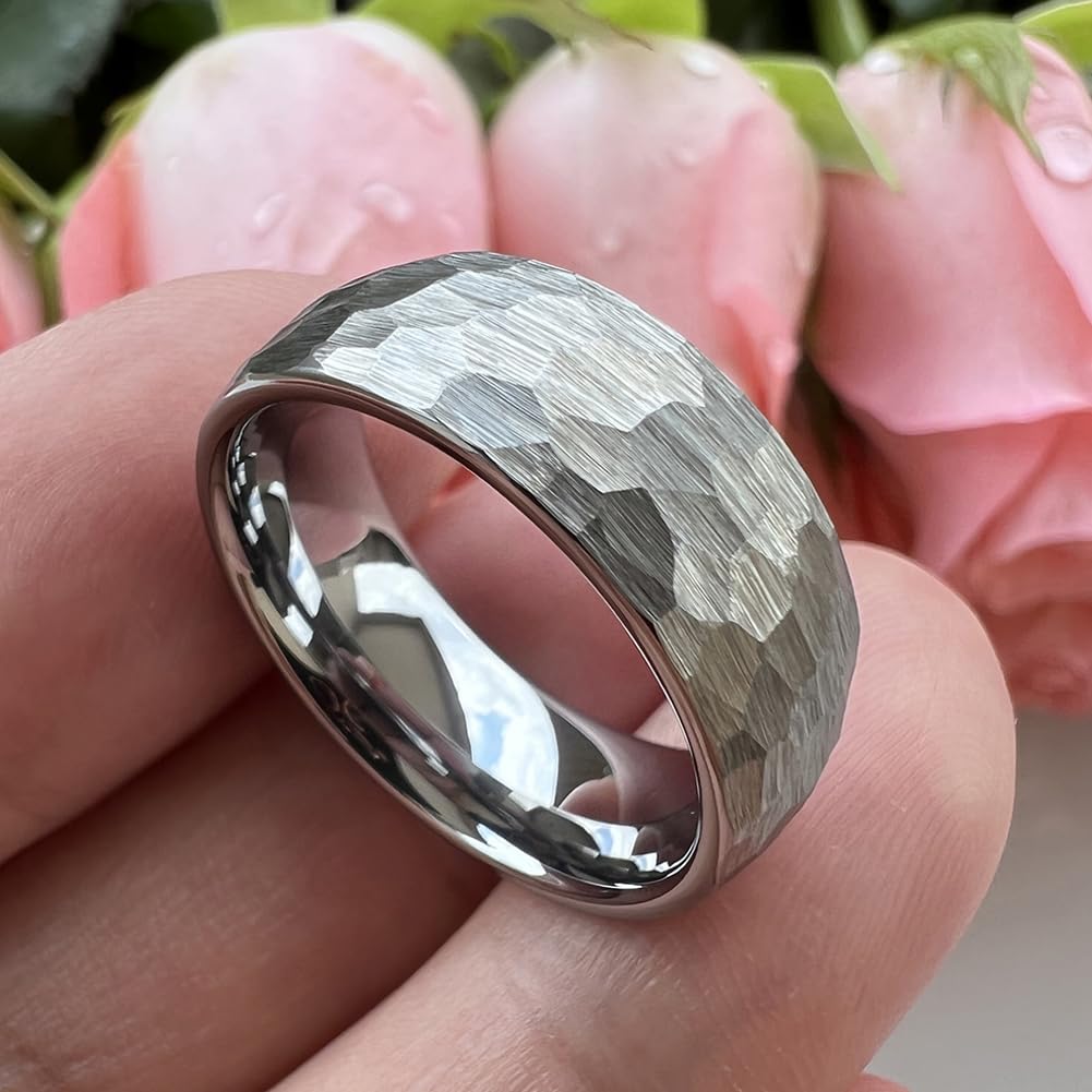 TUTISS 8mm Hammered Tungsten Carbide Rings for Men Women Engagement Wedding Bands Domed I Love You Engraved Comfort Fit Size 9.5