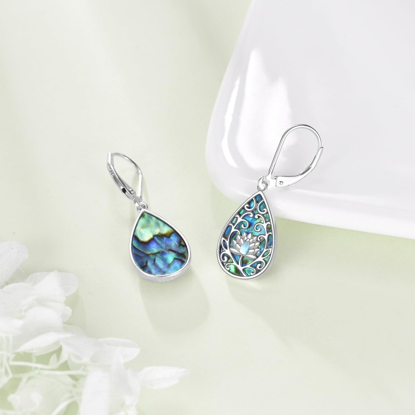 Lotus Earrings for Women 925 Sterling Silver Abalone Lotus Dangle Drop Moonstone Leverback Anniversary Jewelry Gifts for Wife
