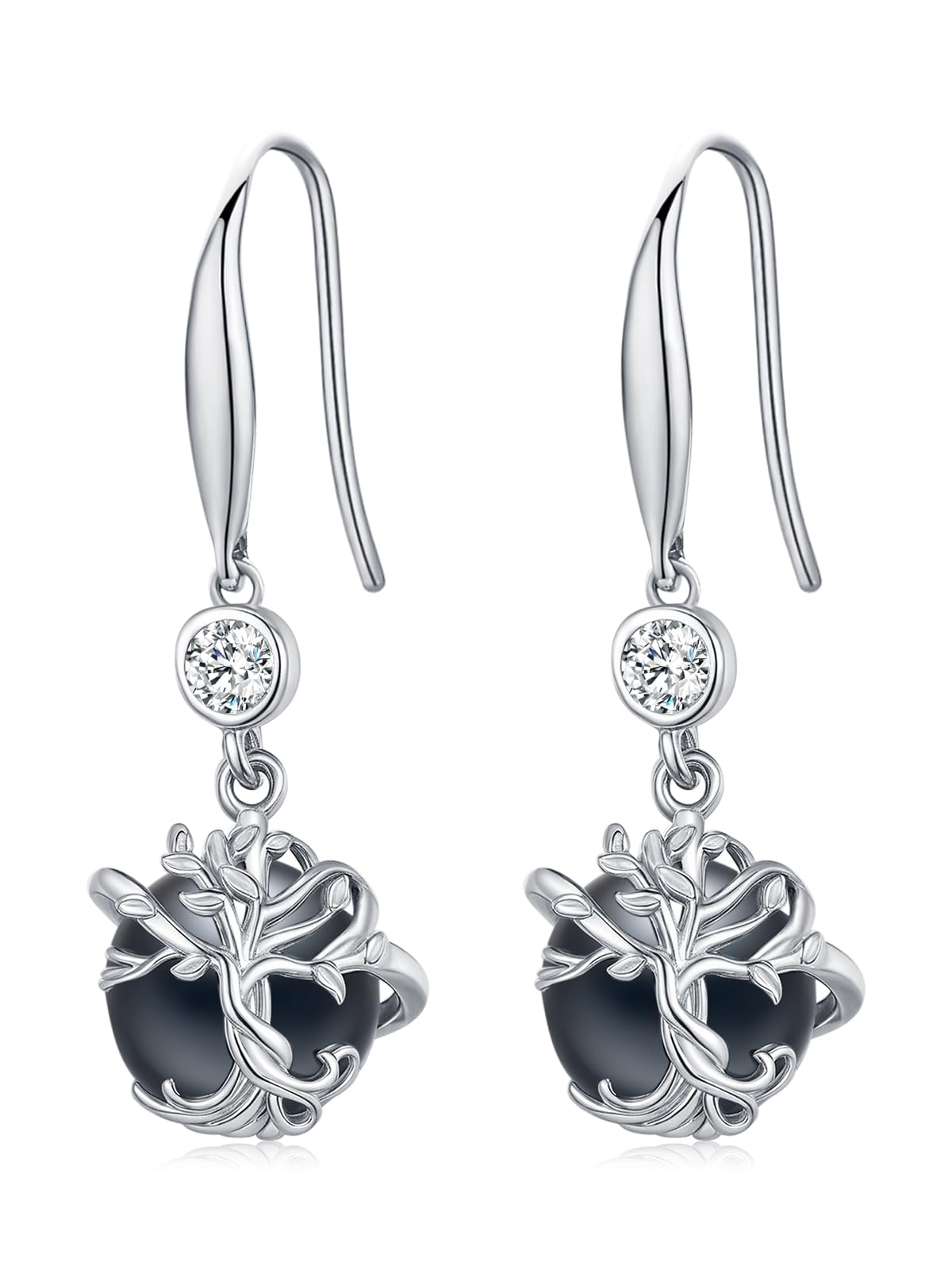 KANNSOAR Tree of Life Tahitian Black Pearl Drop Earrings, 9mm Pearl, 18K White Gold Plated Sterling Silver with Zircon Tahitian Jewelry Gift for Women Wife Mom Girlfriend Her