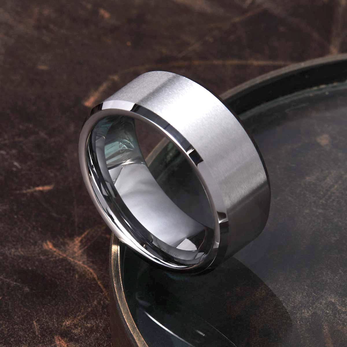 King Will 8mm Men's Silver Wedding Ring - Brushed Matte Surface, Beveled Polished Edge, Comfort Fit Size 13