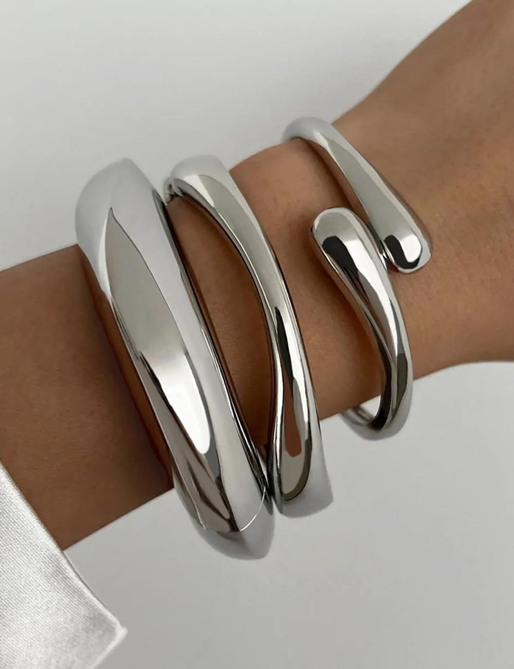 Chunky Gold Bangle Bracelets for Women, Dainty 14k Gold Plated Big Stackable Bangles Set, Trendy Statement Cuff Bracelet Stack Summer Beach Jewelry Gifts (Silver)