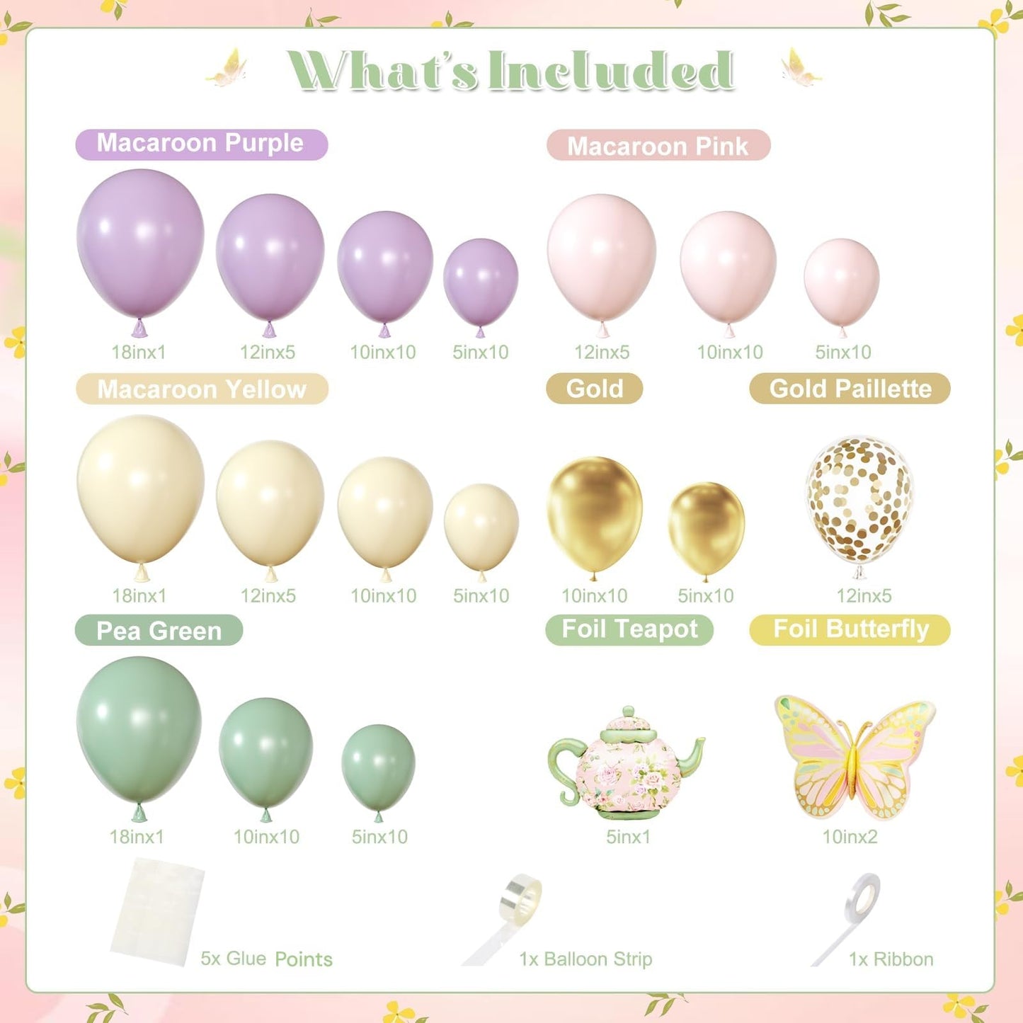 Tea Party Decorations Pastel Purple Pink Sage Green Gold Balloon Garland Arch Kit with Teapot Butterfly Foil Balloon for Tea Party Princess Birthday Spring Garden Baby Shower Bridal Shower Decoration