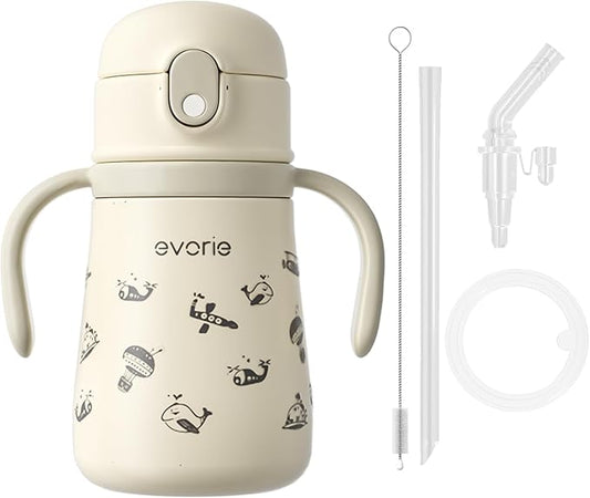 Evorie 11oz Leak Proof Vacuum Insulated Stainless Steel Sippy Cup for Toddlers (1 Pack, Travel in Space) + Replacement Straw Set Bundle