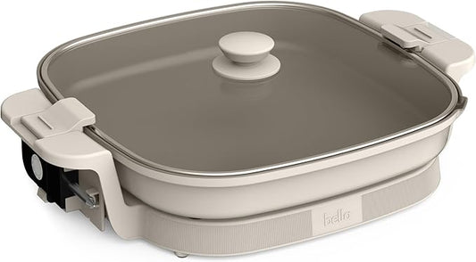 bella Make & Take XL Electric Skillet, Fits-anywhere™ kitchenware, EverGood™ Ceramic Coating, Adjustable Temperature & Dishwasher-Safe Tempered Glass Lid, Cast Aluminum Base, 1200 Watt, Oatmilk