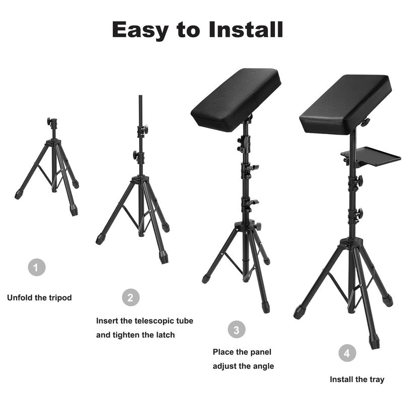 NATUMER Tattoo Armrest Stand Tripod With Tray, Tattoo Arm Leg Rest Stand Height Adjustable and Tilt Black Leather Pad for Tattoo Studio (Black- Upgraded)