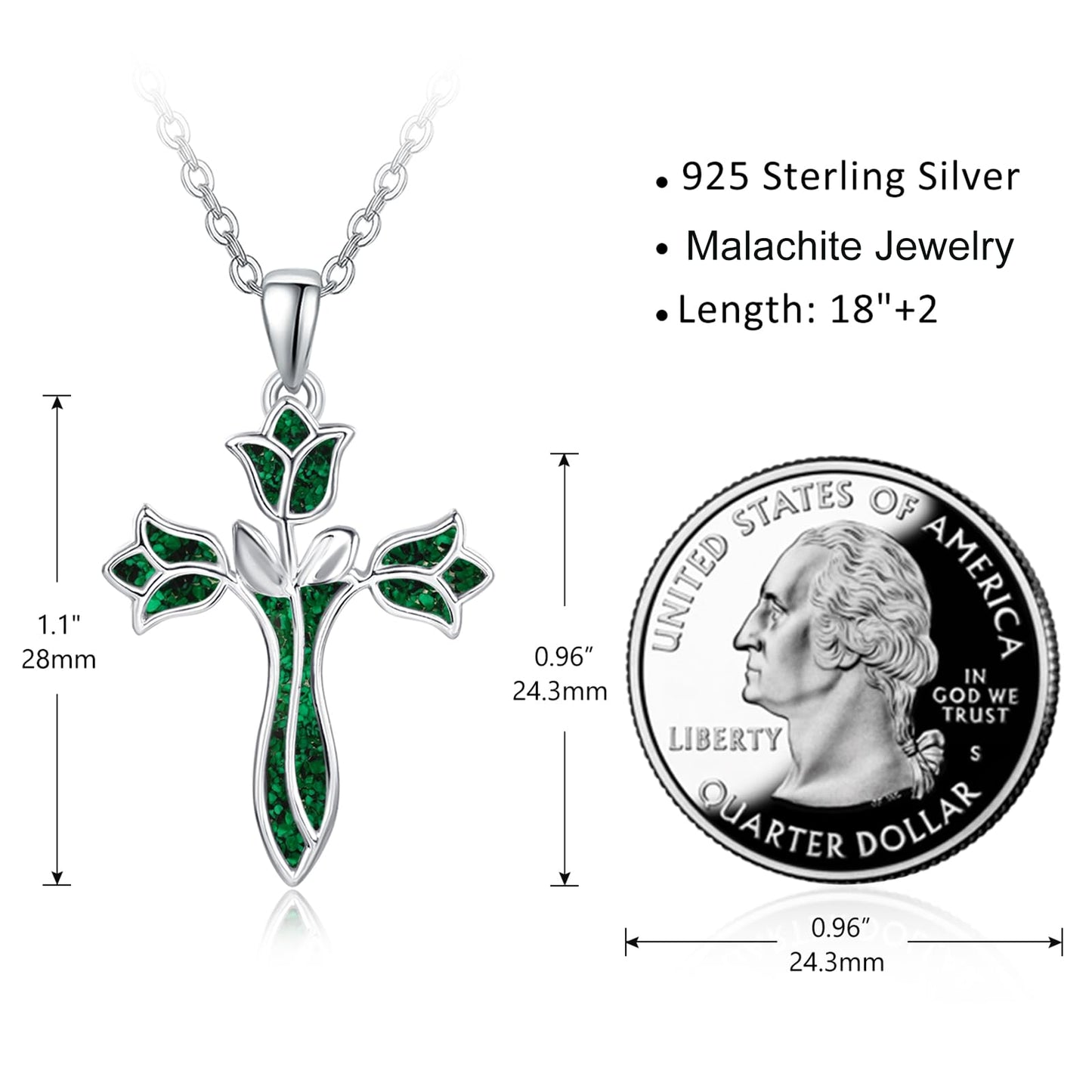 Dreamboat Malachite Cross Necklace for Women Sterling Silver Cross Pendant Christian Necklace Tulip Rose Faith Confirmation Gifts Religious Jewelry for Mom