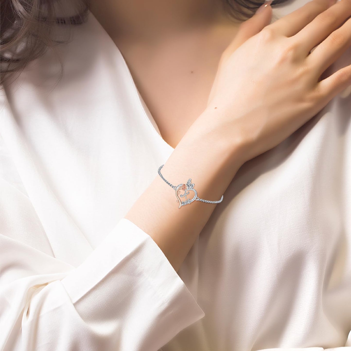 TOUPOP Rose Heart Bracelet for Women Sterling Silver Heart Initial K Letter Bracelet Butterfly Love Jewelry Anniversary Birthday Mothers Day Gifts for Mom Wife Her Girlfriend