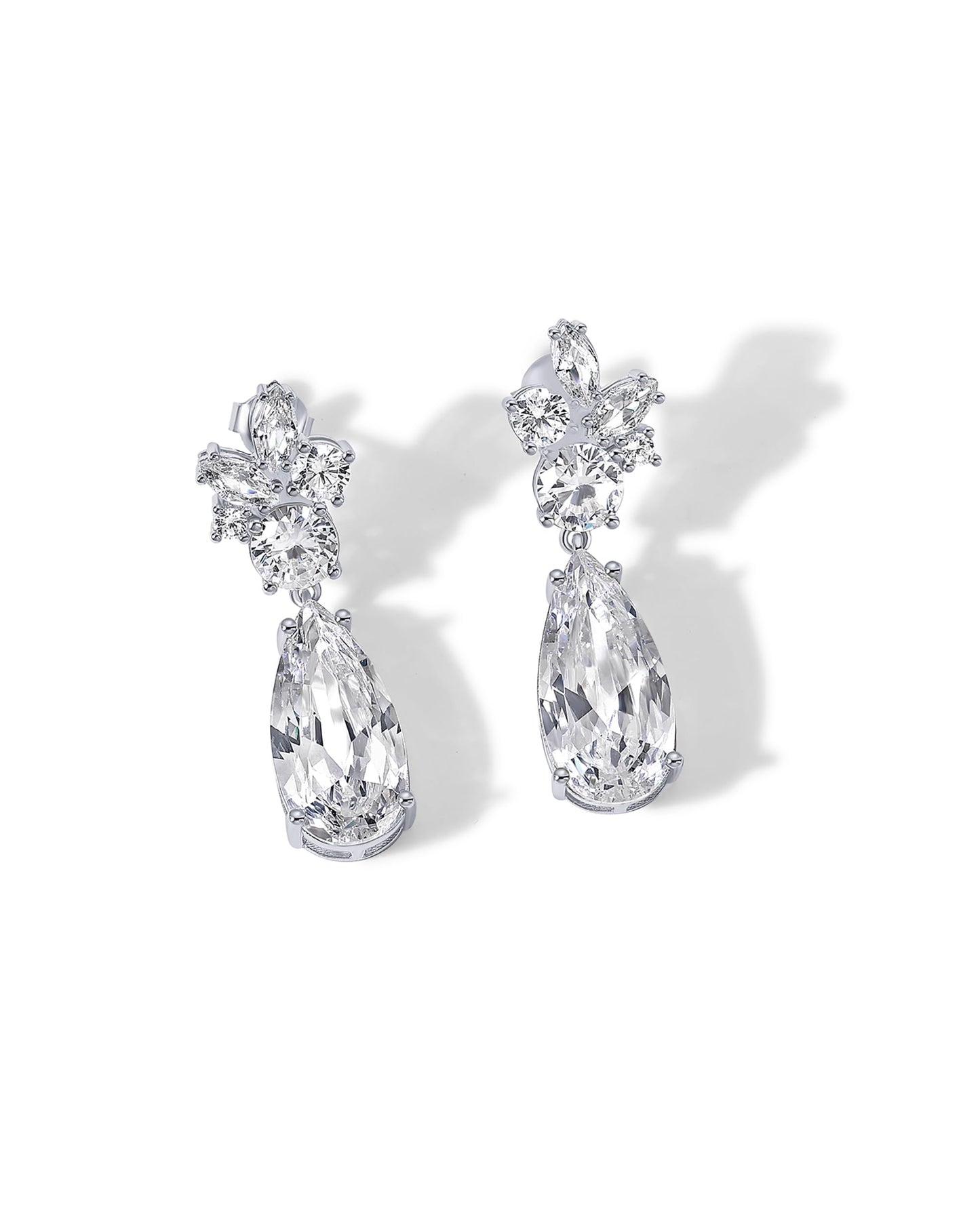 PAVOI Rhodium Plated Cubic Zirconia Dangle Earrings for Women - Crystal Long Linear Bridal Drop Earrings - Cluster CZ Pear Simulated Diamond Drop Dangle Wedding Jewelry for Brides & Bridesmaid