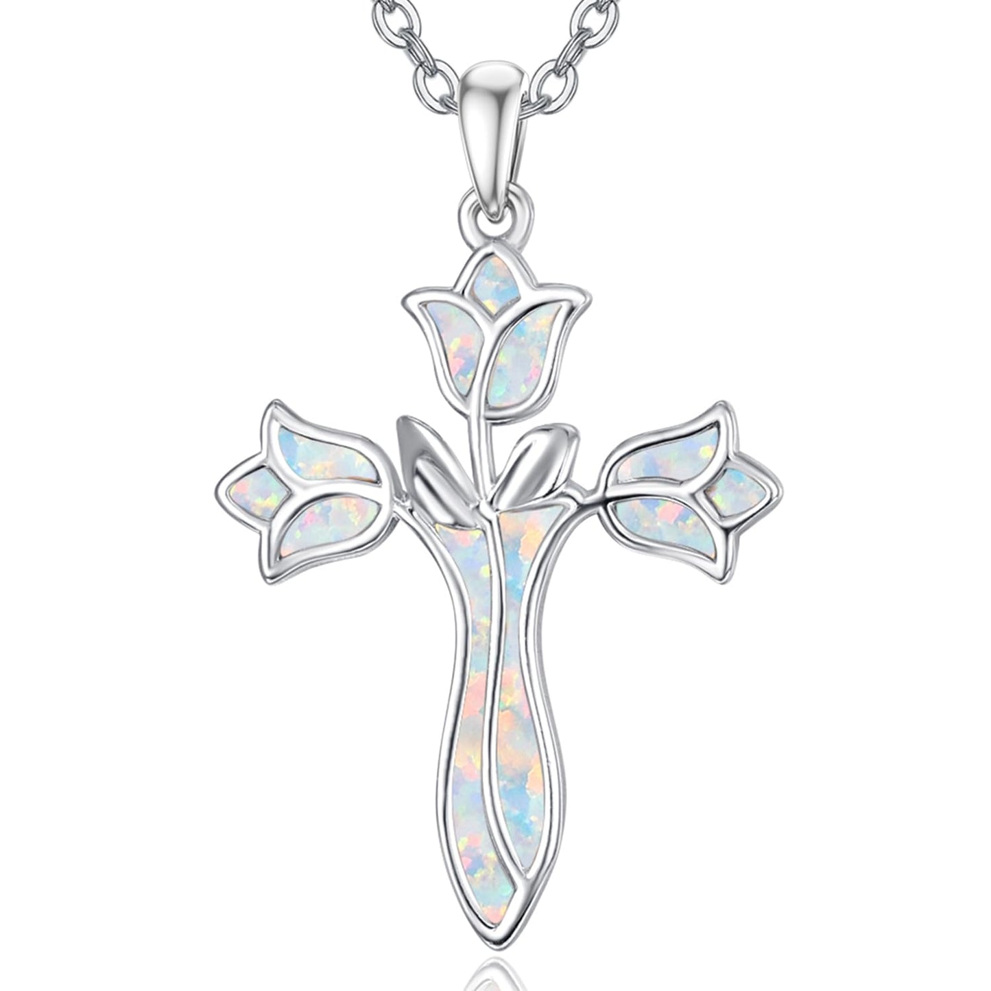 Dreamboat Opal Cross Necklace for Women Sterling Silver Cross Pendant Christian Necklace Tulip Rose Faith Confirmation Gifts Religious Jewelry for Mom