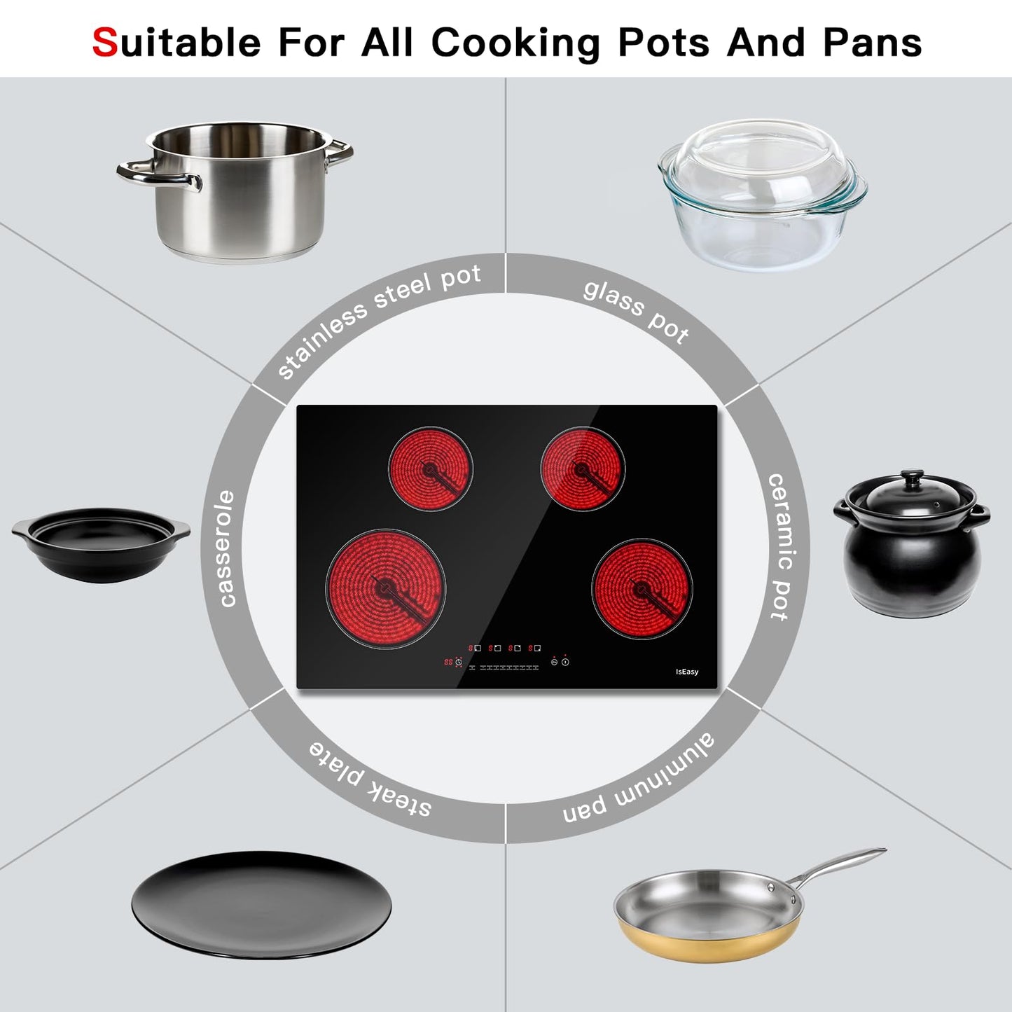 Electric Cooktop Ceramic Stove 4 Burners 30 inch Built-in Countertop Burners Cooker Satin Glass in Black Touch Sensor Control,Timer,Child Safety Lock,9 Power Levels,220-240V 7200W