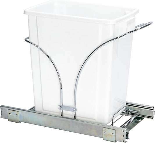 Household Essentials Glidez Chrome-Plated Steel Pull-Out/Slide-Out Discreet Single 5 Gallon Plastic Trash Can for Under Cabinet Use - Fits Standard Size Cabinet, Chrome and White