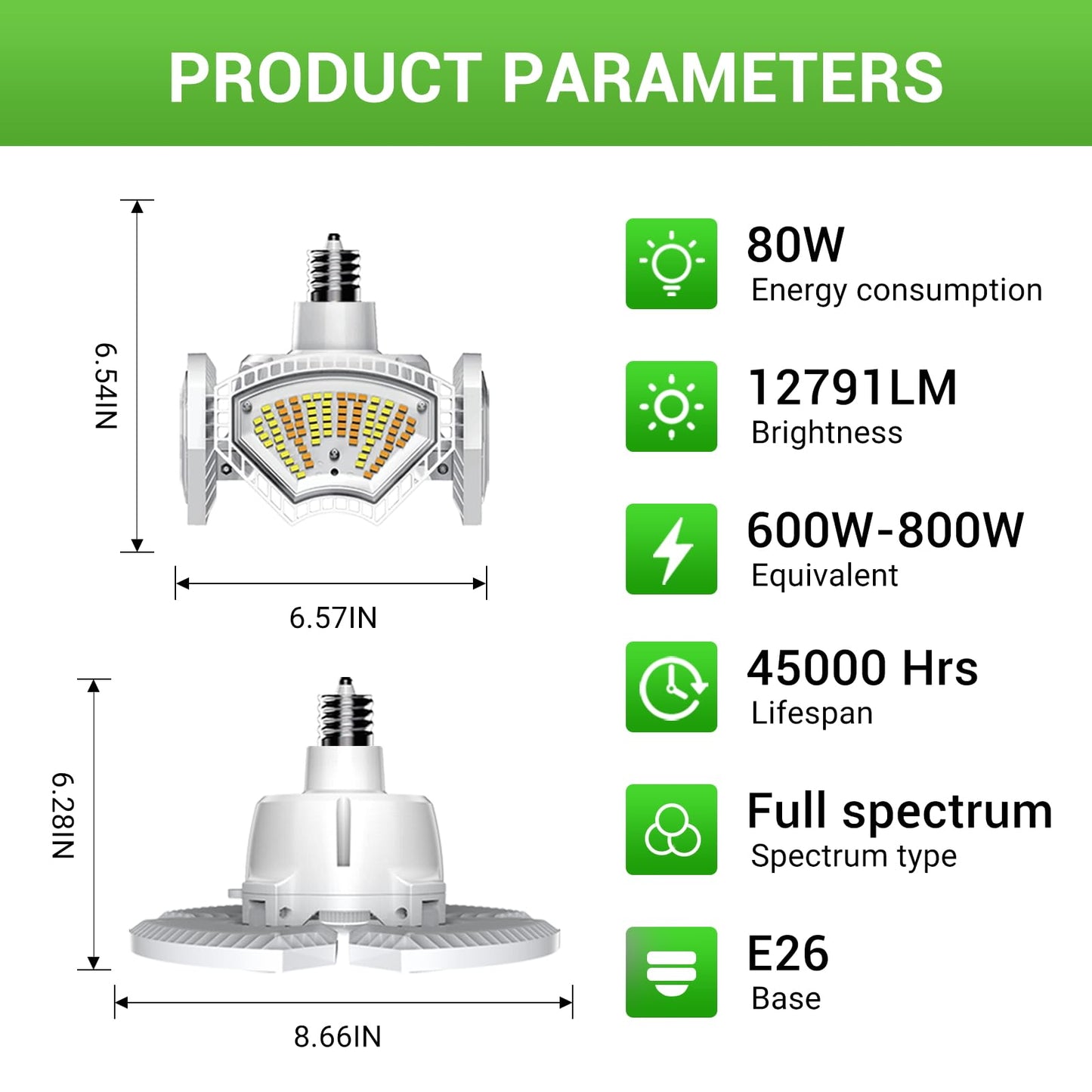 RDJ Bouns Grow Light Bulbs for Indoor Plants, 80W Large Full Spectrum 12791LM High PPFD, E26 Base Foldable Fast-Heat-Cnducting Aluminum Panel for Outdoor Greenhouse Waterproof Plant Light